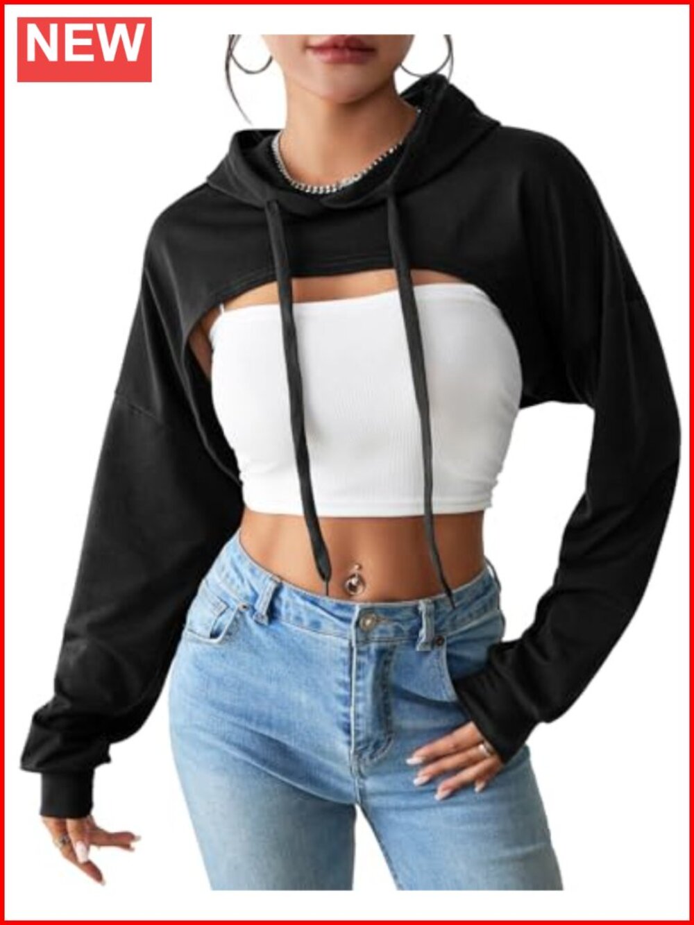 Long Sleeve Cropped Hoodie Pullover Crop Sweatshirt Gym Drawstring Top